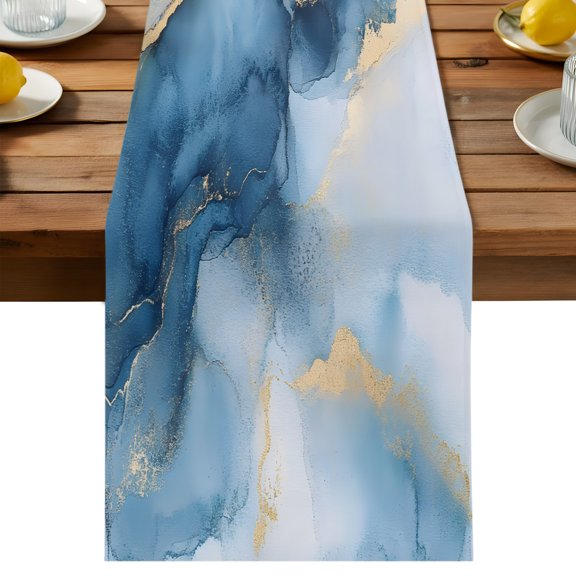 Marble Texture Table Runner, Modern Art Blue Gray Ripple Effect Cotton Linen Table Cloth, Tablerunner for Kitchen Dining Party Wedding Home Decor 13x48 Inch