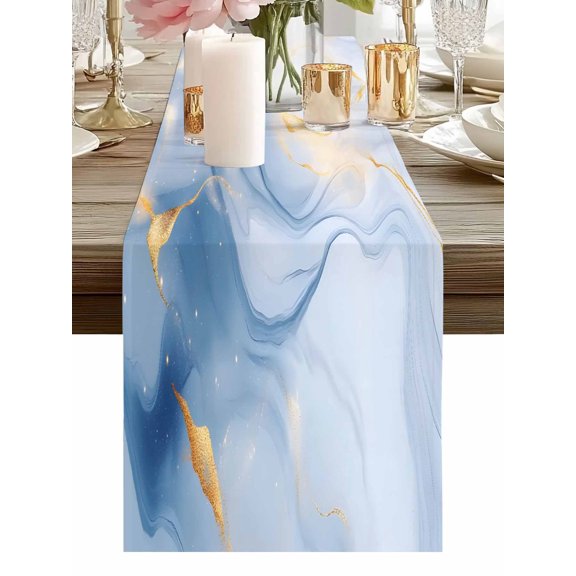 Marble Texture Table Runners 120 Inches Long Blue Gold Watercolor Rock Kitchen Dining Table Runner Dresser Scarves for Party Coffee Holiday Party Decor