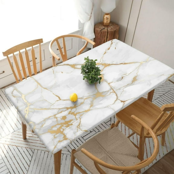Marble Texture Tablecloth with Elastic Edge for 5ft Rectangle Table, Table Cloth Washable Table Cover for Kitchen Dining Party Outdoor Picnic Decoration, 60" L X 30" W