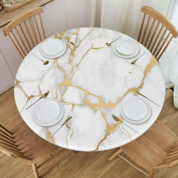 Marble Texture Tablecloth with Elastic Edge, Round Table Cloth Washable Reusable Table Cover for Kitchen Dining Party Picnic, Medium(Suitable for 45-52 in)