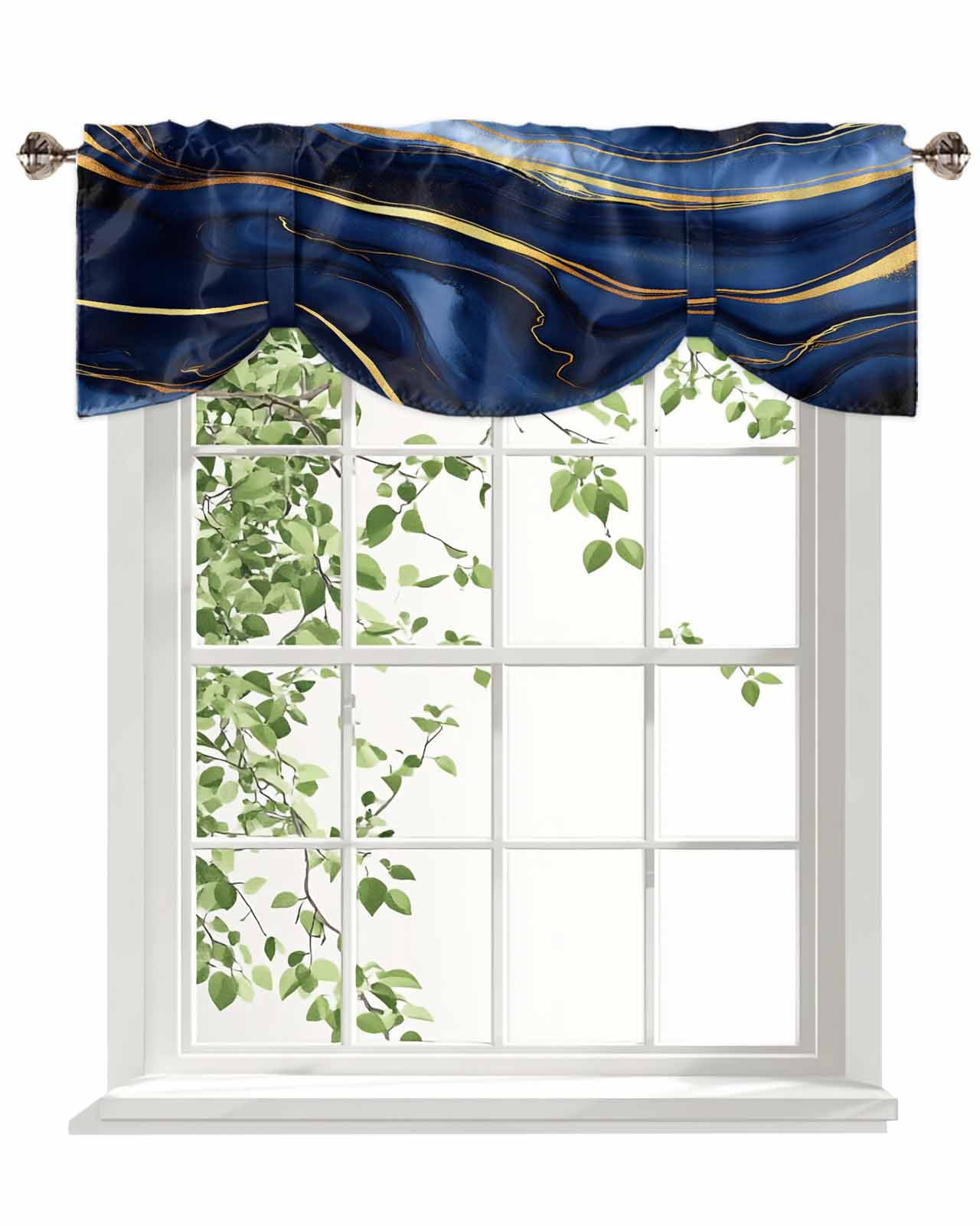 Marble Texture Tie Up Valances Curtain, Adjustable Kitchen Modern Blue Golden Fluid Art Valances for Windows Decor, Rod Pocket Short Curtains Set for Bedroom/Bathroom, 60"x18"