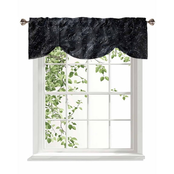 Marble Texture Tie Up Valances Curtain, Adjustable Kitchen Star Sky White Dot Black Marble Decoration Valances for Windows Decor, Rod Pocket Short Curtains Set for Bedroom/Bathroom, 42"x18"