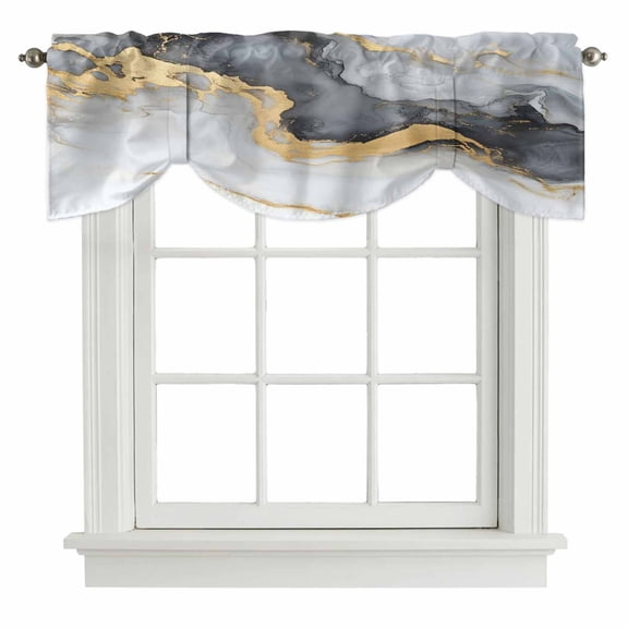 Marble Texture Tie Up Window Valance Abstract Black Gold Gradient Art Tie-up Valance for Kitchen Windows Adjustable Small Curtain Balloon Shades for Kitchen Bathroom Cafe 42x12inch
