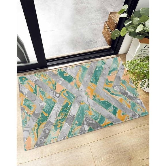 Marble Texture Turquoise Gradient Doormat Shaggy Plush Rug, Comfy Furry Floor Area Rugs Gray Zigzag Ripple Chevron Cozy Throw Shag Carpets Indoor Entrance Decor Door Mats
