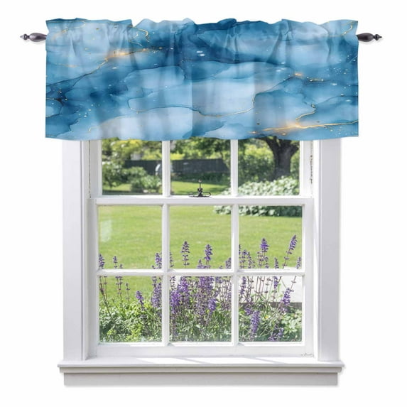 Marble Texture Valance Curtain Blue Gold Crack Abstract Gradient Art Window Valances Rod Pocket Short Curtains Window Treatments for Kitchen Bedroom Bathroom Laundry 60" x 14"