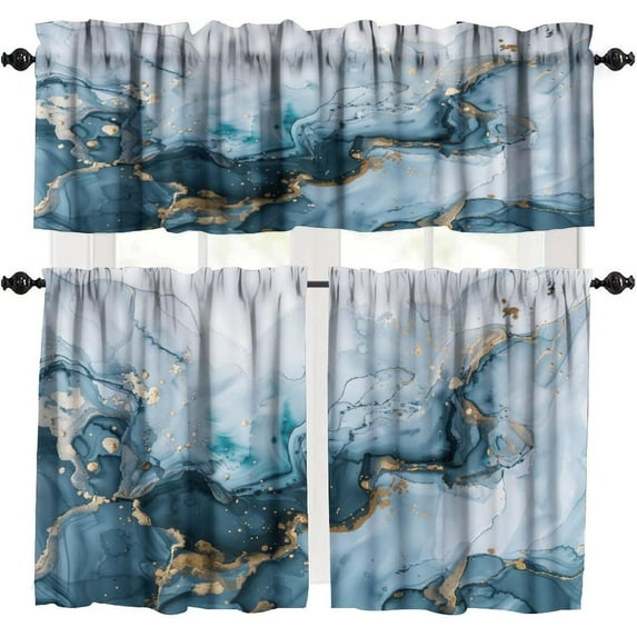 Marble Texture Valances Set for Kitchen, Blue White and Gold Abstract Marble Home Decor Rod Pocket Window Drapes for Kitchen Living Room Dining Room Office 52x18 Inch + 27x36 Inch X 2