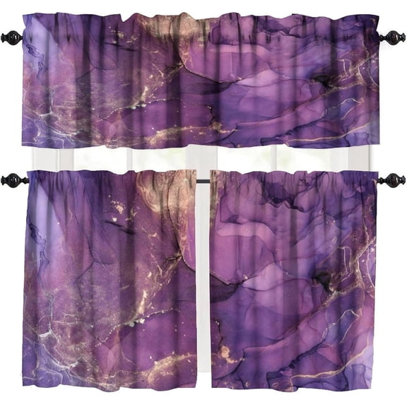 Marble Texture Valances Set for Kitchen, Purple and Gold Abstract Marble Home Decor Rod Pocket Window Drapes for Kitchen Living Room Dining Room Office 52x18 Inch + 27x24 Inch X 2