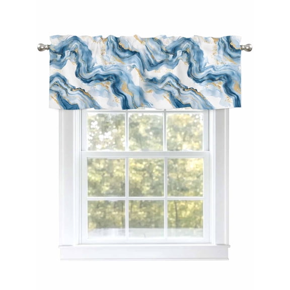 Marble Texture Valances for Windows, Rod Pocket Kitchen Valance Curtains - Soft & Washable Small Window Treatment for Living Room,&nbsp;Bathroom, Blue Gold , 42x12 Inch, 1 Panel