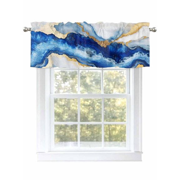 Marble Texture Valances for Windows, Rod Pocket Kitchen Valance Curtains - Soft & Washable Small Window Treatment for Living Room,&nbsp;Bathroom, Blue Gold Waves , 42x12 Inch, 1 Panel