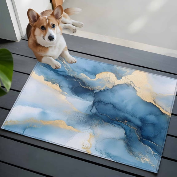 Marble Texture Washable Area Rug 2x3 111 Modern Art Blue Gray Ripple Effect Low-Profile Area Rugs with Non Slip Backing Indoor Floor Carpet for Entrance Living Room Bedroom Home Office