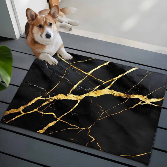 Marble Texture Washable Area Rug 2x3 111 Modern Black Golden Ripple Effect Low-Profile Area Rugs with Non Slip Backing Indoor Floor Carpet for Entrance Living Room Bedroom Home Office