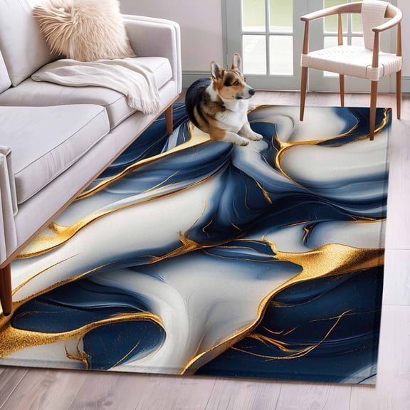 Marble Texture Washable Area Rugs 3'x5', Modern Golden Blue Fluid Art Low Pile Throw Living Room Rug Non-Slip Sturdy Edge Binding Carpet for Indoor Entryway Bedside Kitchen