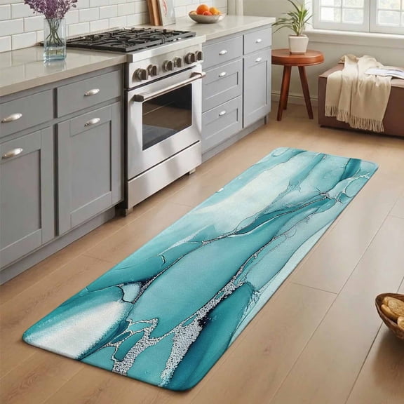 Marble Texture Washable Runner Rug 2X5 ft Blue Green Minimalist Lines Non-Slip Hallway Runner Rug, Linen Kitchen Runner Mats, Indoor Floor Carpet for Entryway Bathroom Bedroom Living Room