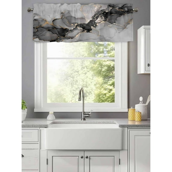 Marble Texture Watercolor Gray Valances for Windows,Kitchen Valance Rod Pocket Short Curtain,Abstract Vintage Art Valance Curtain Window Valances for Bedroom Living Room 42x12in