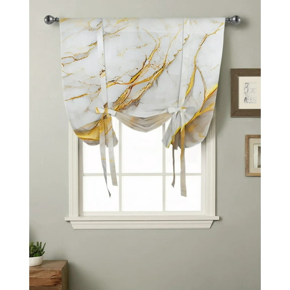 Marble Texture White Window Curtain for Living Room Kitchen Tie-up Roman Curtain Home Decor Balcony Blinds Drapes