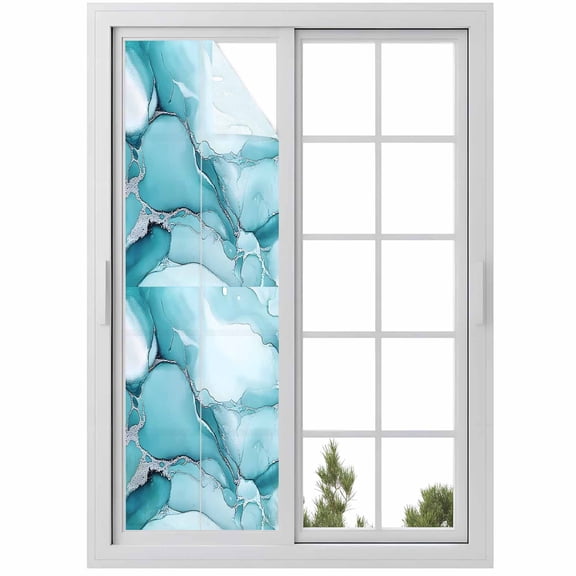 Marble Texture Window Privacy Film Blue Green Minimalist Lines Decorative Glass Window Film UV Blocking Static Cling Non-Adhesive Sticker Covering for Home Door 23.6 x 78.7 inches