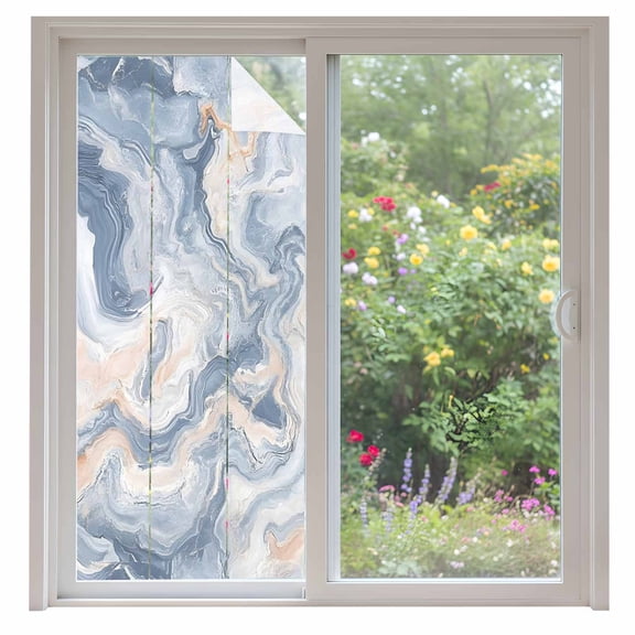 Marble Texture Window Privacy Film Elegant Gray Blue Tone Vortex Effect Decorative Glass Window Film UV Blocking Static Cling Non-Adhesive Sticker Covering for Home Door 35.4x78.7 inches