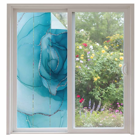 Marble Texture Window Privacy Film Light Blue Lines Watercolor Modern Art Decorative Glass Window Film UV Blocking Static Cling Non-Adhesive Sticker Covering for Home Door 35.4x78.7 inches