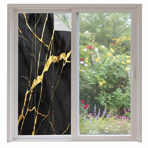 Marble Texture Window Privacy Film Modern Black Golden Ripple Effect Decorative Glass Window Film UV Blocking Static Cling Non-Adhesive Sticker Covering for Home Door 35.4x78.7 inches