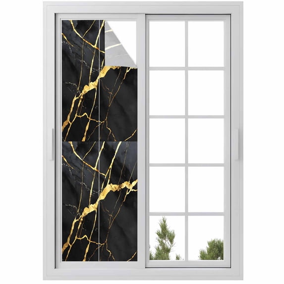 Marble Texture Window Privacy Film Modern Black Golden Ripple Effect Decorative Glass Window Film UV Blocking Static Cling Non-Adhesive Sticker Covering for Home Door 17.7 x 78.7 inches