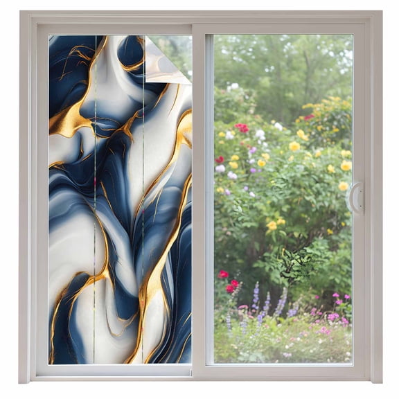 Marble Texture Window Privacy Film Modern Golden Blue Fluid Art Decorative Glass Window Film UV Blocking Static Cling Non-Adhesive Sticker Covering for Home Door 35.4x78.7 inches