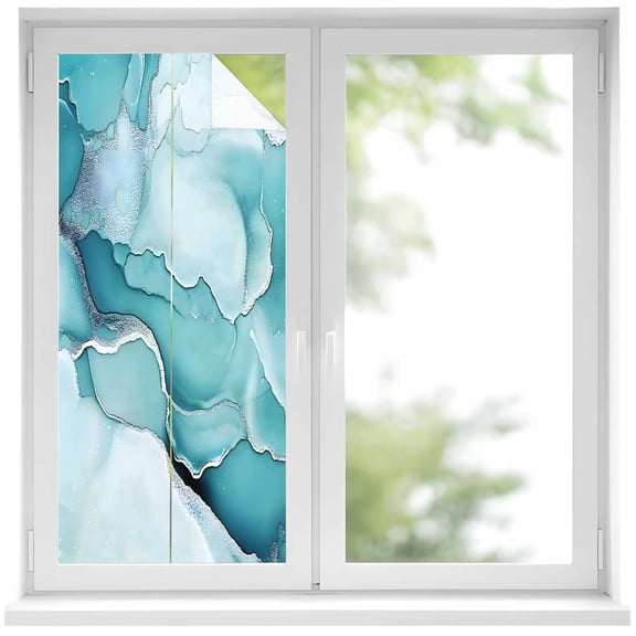 Marble Texture Window Privacy Film Watercolor Blue Wave Abstract Art Decorative Glass Window Film UV Blocking Static Cling Non-Adhesive Sticker Covering for Home Door 17.7 x 39.3 inches