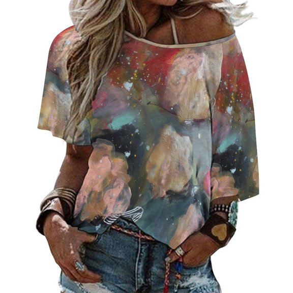 Marble Texture Womens Casual Crew Neck Short Sleeve Pleated Tops Blouses Fashion Clothes 2025
