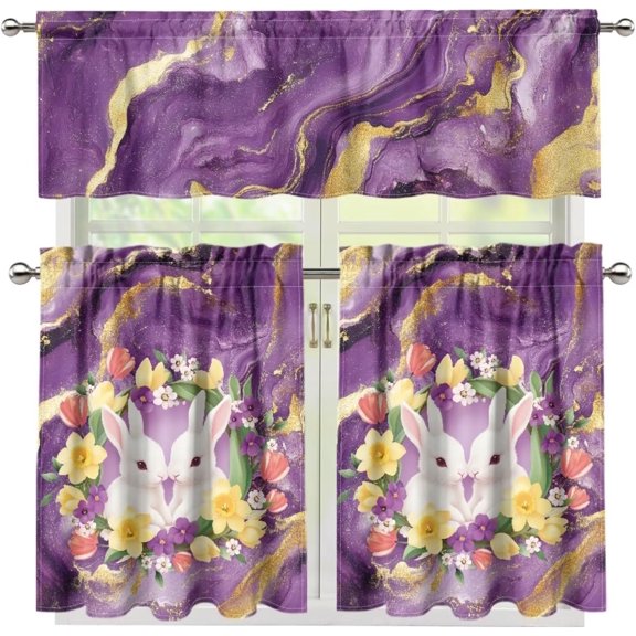 Marble Texture and Cute Rabbit Kitchen Curtains Valance Set of 3 Coffee Decor Easter Day Bunny Window Drapes for Living Room Home Decoration,Size M
