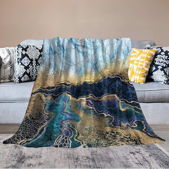 Marble Throw Blanket For Bed Sofa, Super Soft Warm Cozy Fluffy Plush Blanket, Modern Luxury Foil Cracked Texture Blue Gold Marble Flannel Couch Blanket For Travel Camping 40" x 50"