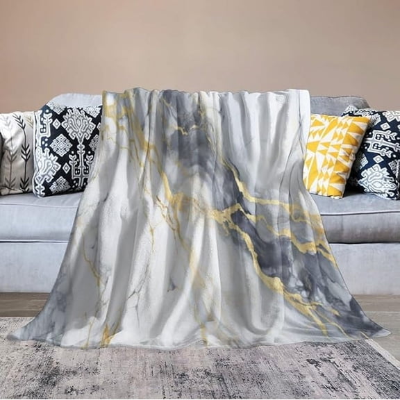Marble Throw Blanket, Modern Abstract Foil Texture White Grey Gold Marble All Seasons Blanket For Bed Sofa, Supersoft Cozy Shaggy Blanket For Travel And Camping 50" x 60"