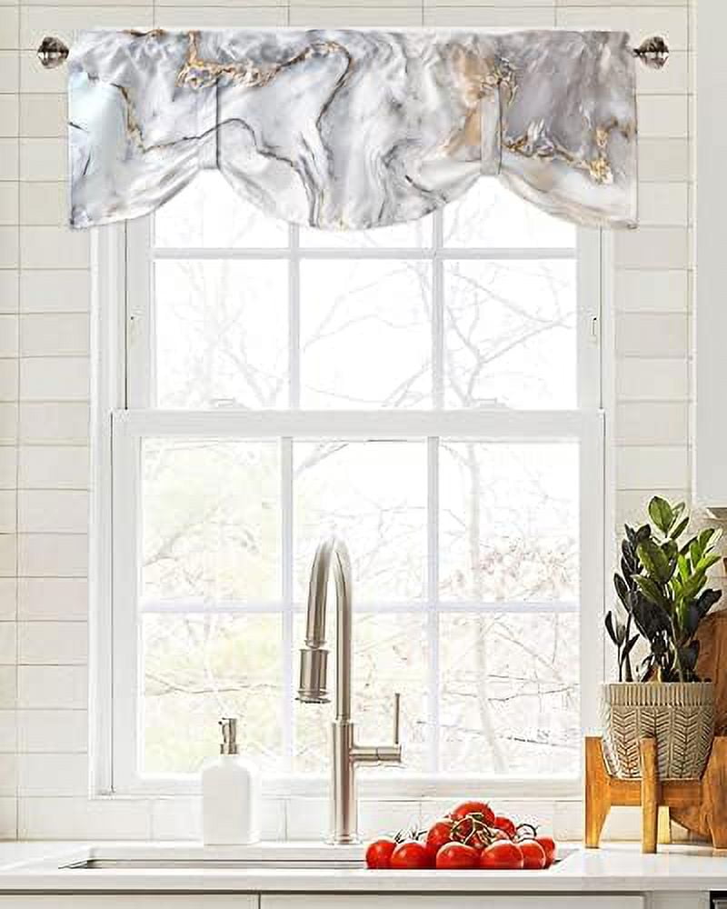 Marble Tie Up Valance For Kitchen Blue Gradient Rod Pocket Short 