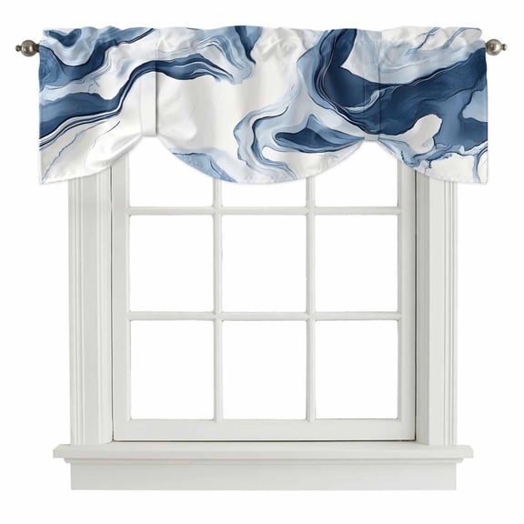 Marble Tie Up Valance Curtains for Windows, Kitchen Curtains Window Shades, Blue Abstract Neutral Textured Modern Watercolor Light Filtering Roman Curtain Valances for Bedroom/Bathroom/Cafe 42"x12"