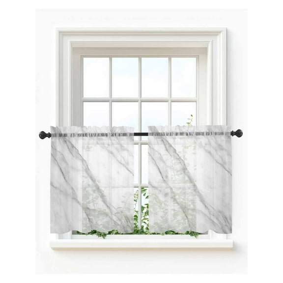 Marble Tier Curtains 24 Inch Length,Sheer Curtains for Bedroom Living Room Window Modern Grey White Rock Monochrome Simple Rod Pocket Drapes Kitchen Curtains Small Half Window 27.5"x24" 2 Panels