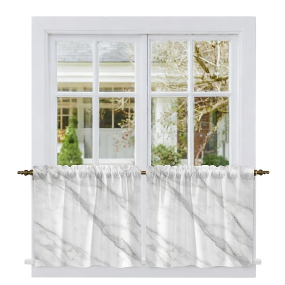 Marble Tier Curtains, Modern Grey White Rock Monochrome Simple Light Filtering Kitchen Curtains, 2Pcs Rod Pocket Half Window Treatments Panels for Sink Cafe Cabinet Camper 27.5x24 Inches