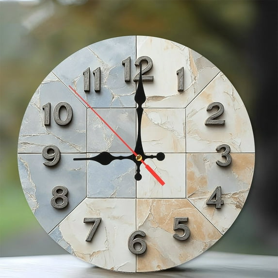 Marble Tile Clock Wall Decor Home Decor 10-Inch Silent Wooden Wall Clock, Battery Operated (AA Batteries Not Included), Artistic Home Decor