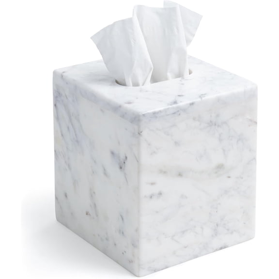 Marble Tissue Box Cover for Kleenex and More, Decorative Cube Style Holder, Large Square Facial Tissue Dispenser Container for Home, Real Solid White Marble Bathroom Accessory