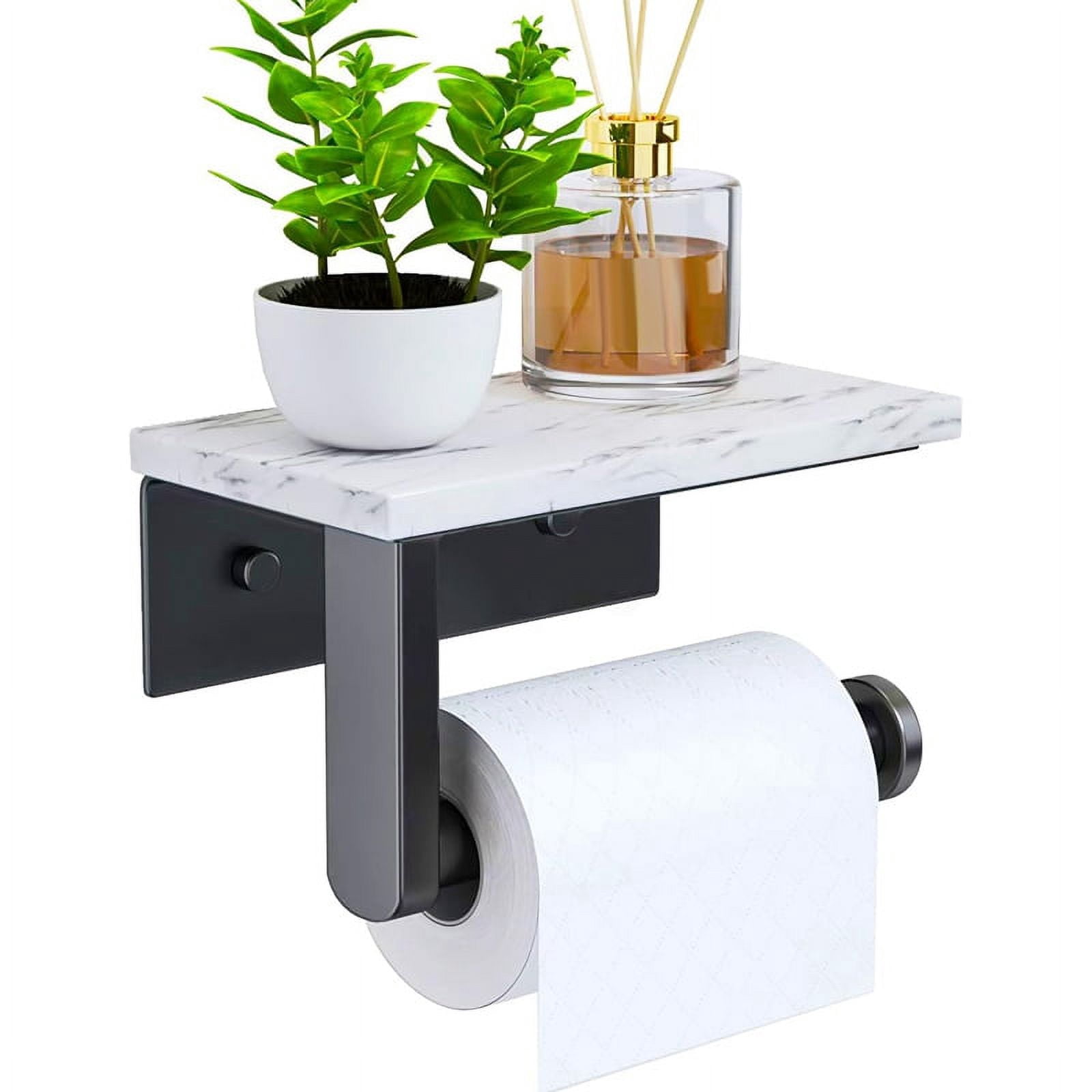 Qtmnekly Marble Toilet Paper Holder with Shelf Toilet Paper Roll Holder Wall Mount for Bathroom Cabinet Decorative, Black