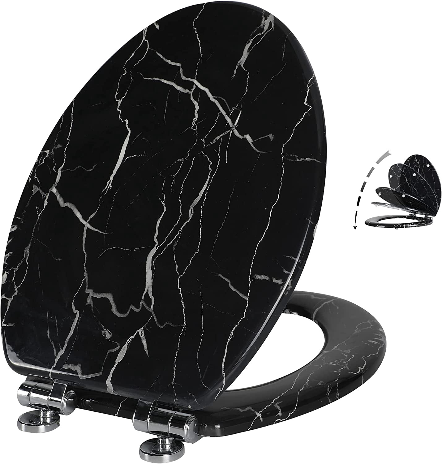 Marble Toilet Seat Durable Molded Wood with Quiet Close,Easy Clean，Quick-Release Hinges (Elongated,Black Marble)