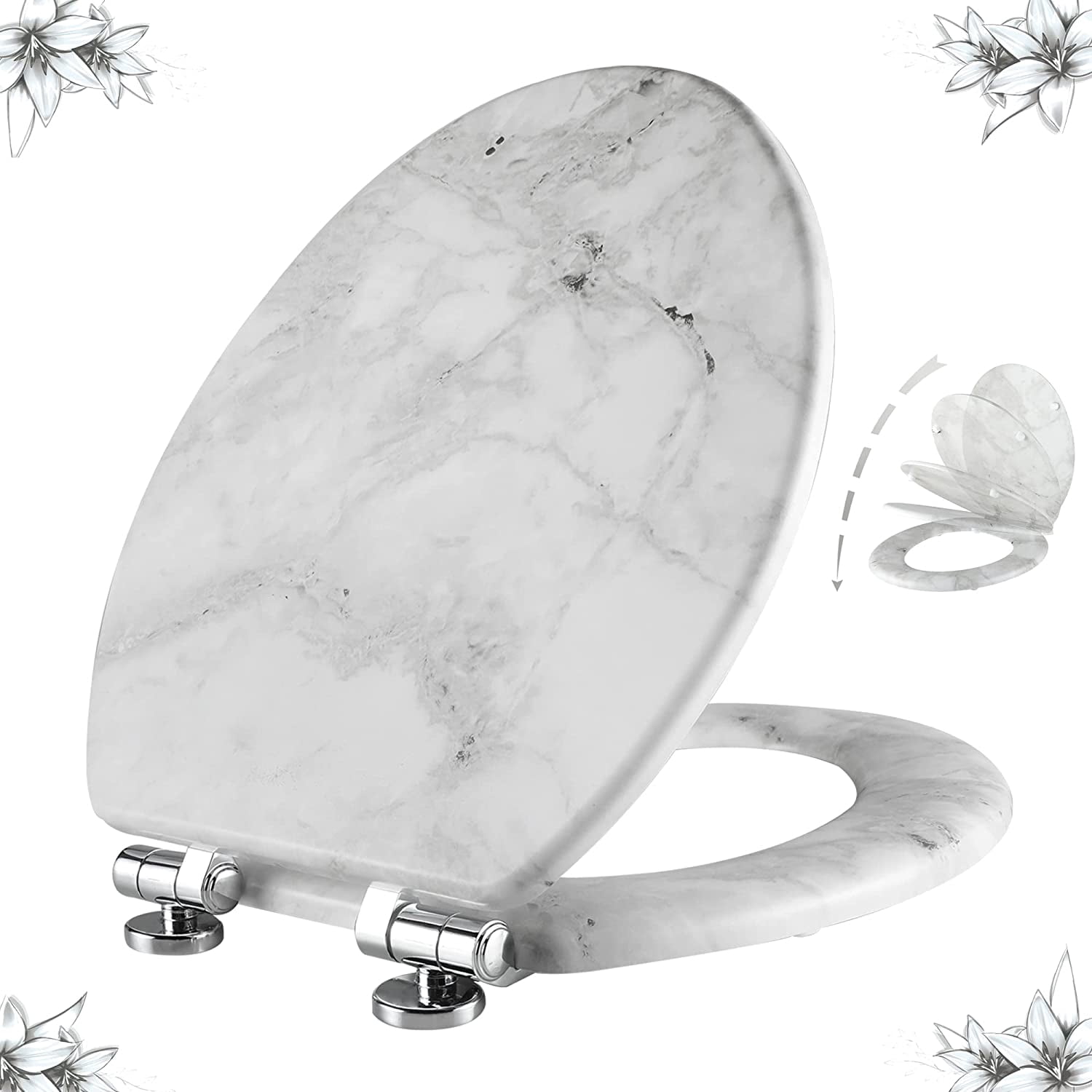 Marble Toilet Seat Durable Molded Wood with Quiet Close,Easy Clean Quick-Release Hinges (Elongated,Gray Marble)