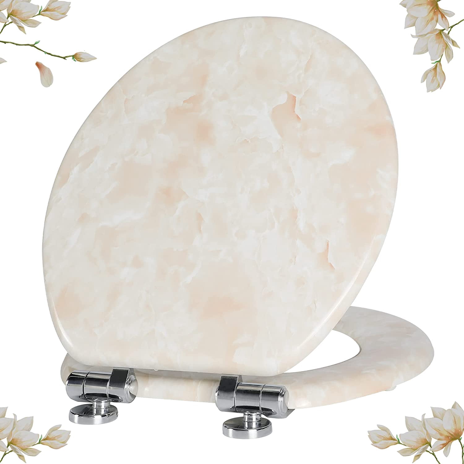 Marble Toilet Seat Durable Molded Wood with Quiet Close, Easy Clean, Quick-Release Hinges (Round, Beige Marble)