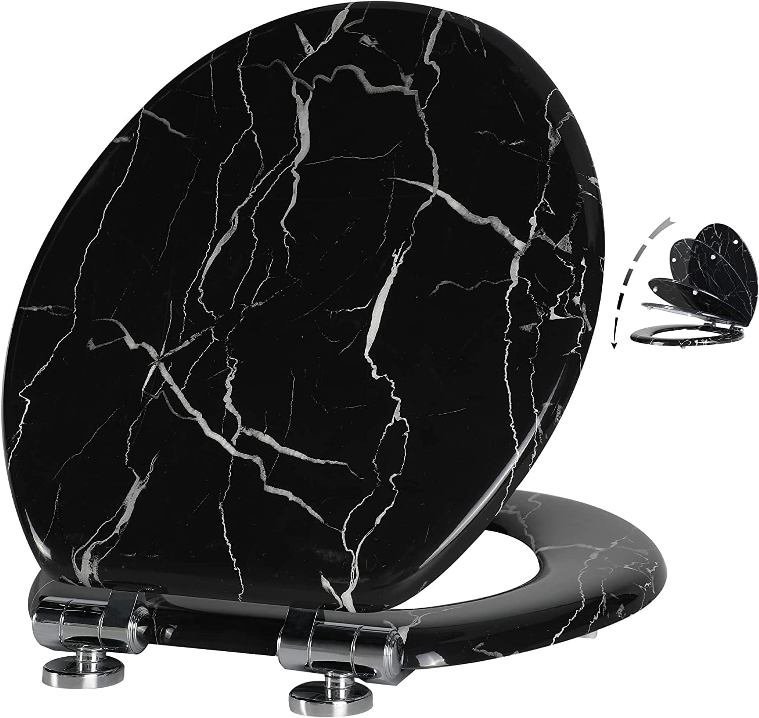 Marble Toilet Seat Durable Molded Wood with Quiet Close,Easy Clean，Quick-Release Hinges (Round,Black Marble)