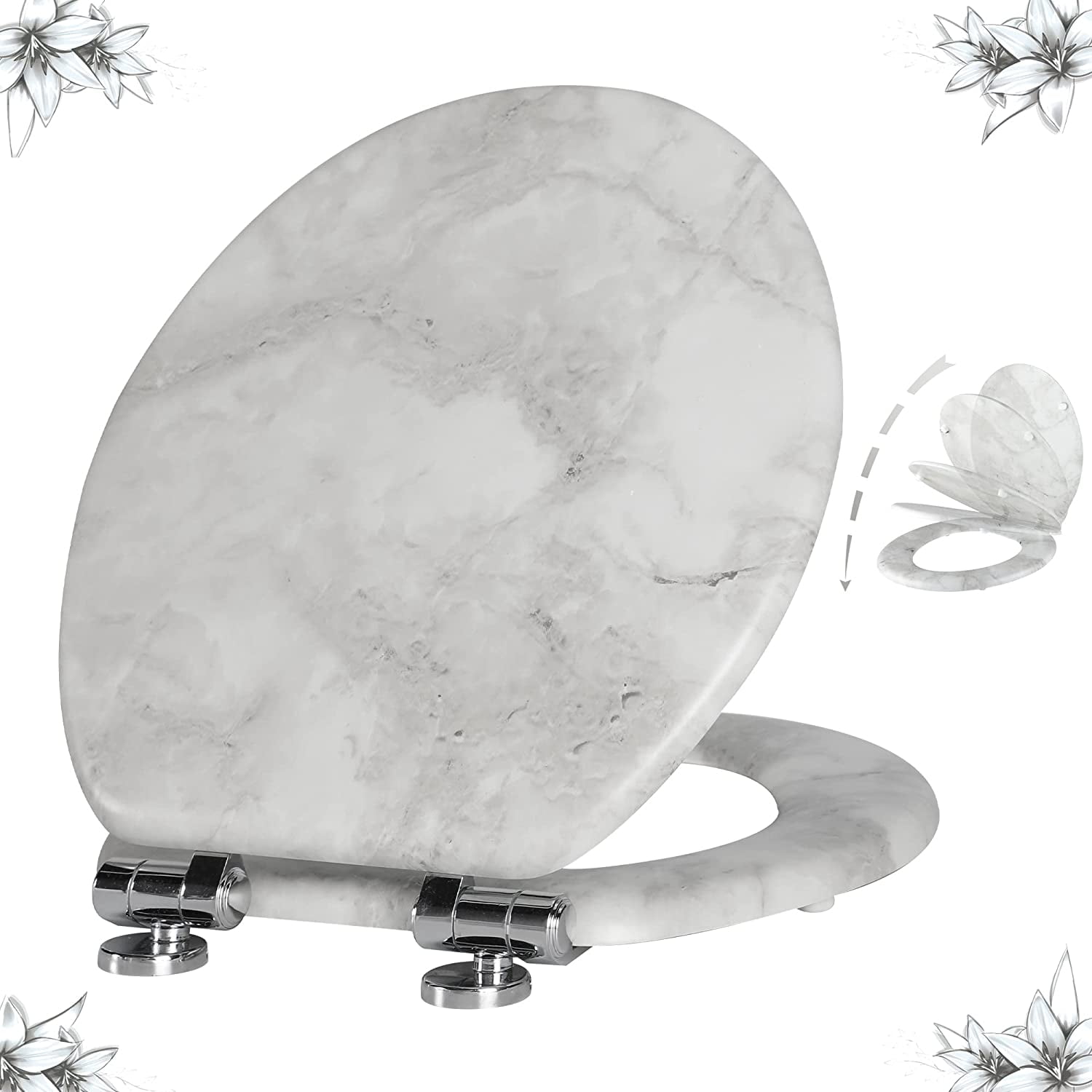 Marble Toilet Seat Durable Molded Wood with Quiet Close,Easy Clean，Quick-Release Hinges (Round,Gray Marble)