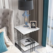 Marble Top Coffee Table Side End Bedside Table Nightstand Black Antirust Frame with Open Storage Shelf