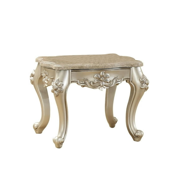 Marble Top End Table With Flower Motif Engraved Angular Wood Feet, Silver