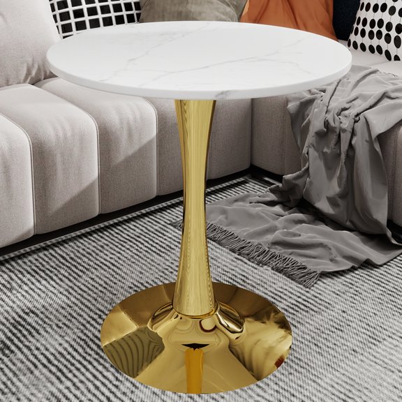 Marble-Top Round Side Table with Tapered Gold Pedestal Base for Living Room, Modern Minimalist Accent Table with Durable Faux Marble Surface and Glossy Finish