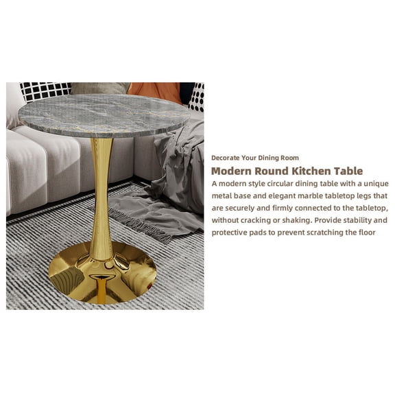Marble-Top Round Side Table with Tapered Gold Pedestal Base for Living Room, Modern Minimalist Accent Table for Small Spaces, Durable Faux Marble Surface