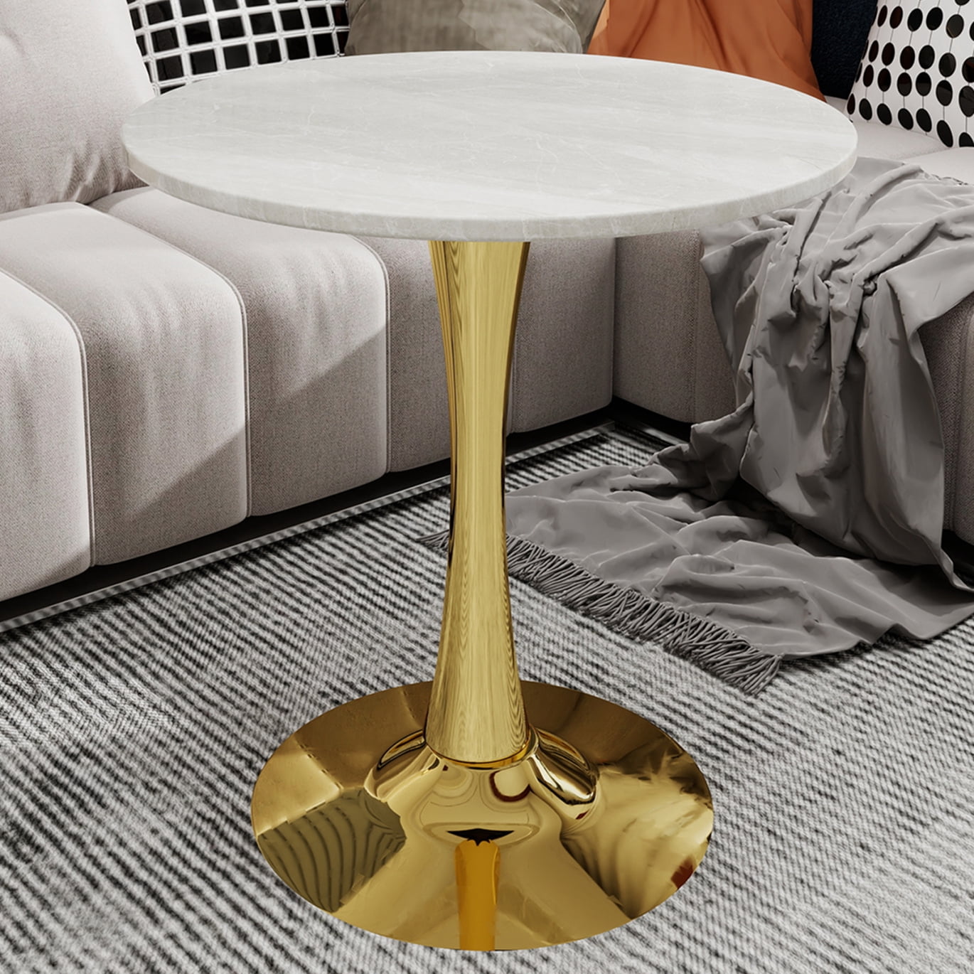 Marble-Top Round Side Table with Tapered Pedestal Base for Living Room ...