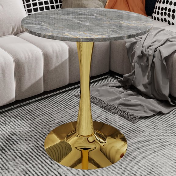 Marble-Top Round Side Table with Tapered Pedestal Base for Living Room, Modern Minimalist Design Accent Table with Gold Finish for Small Spaces