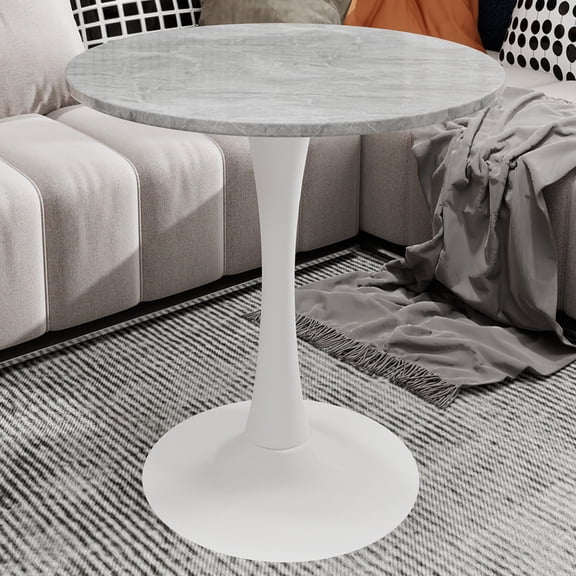 Marble-Top Round Side Table with Tapered Pedestal Base for Living Room, Modern Minimalist End Table with Durable Surface for Drinks and Decor