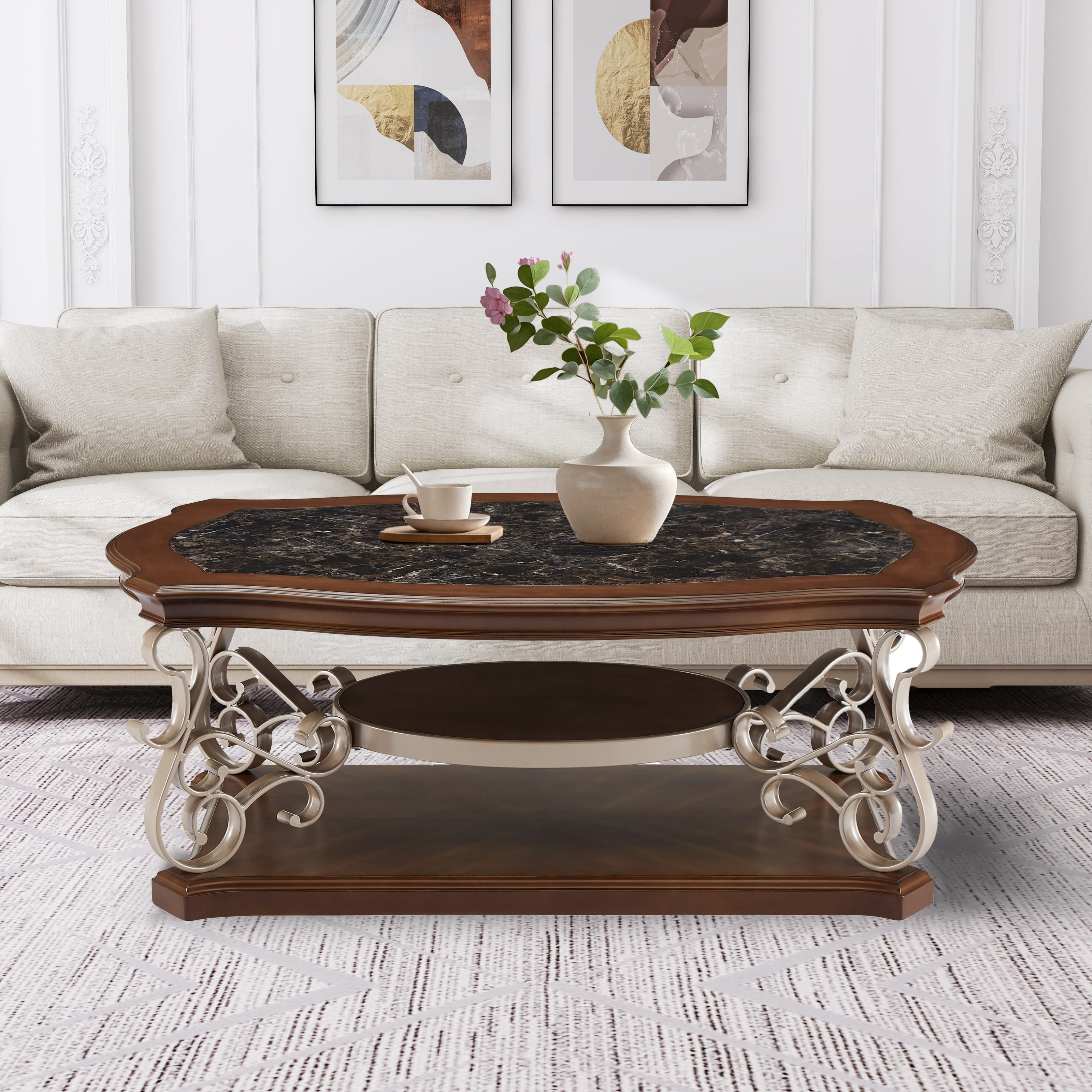 Marble Top Wooden Coffee Table with Ornate Metal Scrollwork, Living ...